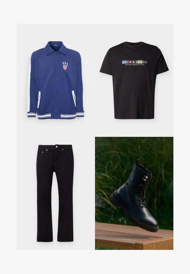 Marineblå jakke med hvide detaljer, knaplukning og sidelommer. Har et "USA" emblem med stjerner og striber, ribbede manchetter og kant.; Sort kortærmet T-shirt med teksten "JACK & JONES ESTABLISHED IN 1990" i farverige blokbogstaver på brystet.; Sorte jeans med lige ben, forreste knap, lynlås, bæltestropper og fem-lommer stil på en ensartet lys baggrund.; Sort læderankelstøvle med rund tå, snøredesign, metalliske øjer og tekstureret sål, hængende mod en grøn baggrund.