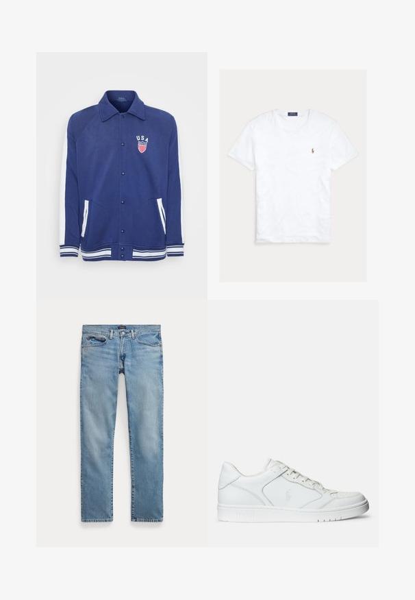Marineblå jakke med hvide detaljer, knaplukning og sidelommer. Har et "USA" emblem med stjerner og striber, ribbede manchetter og kant.; Hvid T-shirt med rund hals og korte ærmer med lille broderet Polo Ralph Lauren-logo på venstre bryst og blå mærkeetiket indvendigt i kraven.; Lyseblå jeans med lige ben, forlommer og knaplukning, lagt fladt på en hvid baggrund.; Hvide lædersneakers med en glat tekstur, der har en perforeret tå, snørebåndslukning og broderet logo på siden. Hvid gummisål.