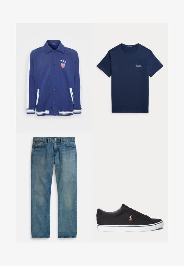 Marineblå jakke med hvide detaljer, knaplukning og sidelommer. Har et "USA" emblem med stjerner og striber, ribbede manchetter og kant.; Marineblå T-shirt med korte ærmer, rund halsudskæring og brystlomme broderet med "Polo RL" i hvid.; Lyseblå denimjeans med lige ben, der har fem lommer, lukning med knap og diskret falmet effekt for tekstur.; Sort lavtopet sneaker med hvid gummisål og broderet brunt hestelogo på siden.