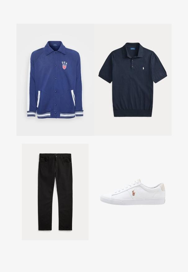 Marineblå jakke med hvide detaljer, knaplukning og sidelommer. Har et "USA" emblem med stjerner og striber, ribbede manchetter og kant.; Mørkeblå polo-shirt med korte ærmer, krave, to knapper og et lille hvidt broderet logo på venstre bryst.; Sorte denim jeans med lige ben, fem-lomme design og subtil tekstur. Metalknap og lynlås lukning.; Hvide kanvas sneakers med lågtop design, prydet med en beige hælkappe og et lille broderet logo på siden. Gummisål.