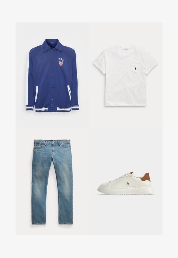 Marineblå jakke med hvide detaljer, knaplukning og sidelommer. Har et "USA" emblem med stjerner og striber, ribbede manchetter og kant.; Hvid t-shirt med korte ærmer og rund hals med en brystlomme, der har en lille mørk polo-spiller-logo.; Lyseblå straight-leg denim jeans med forlommer, bæltestropper, knaplukning og let falmede detaljer.; Hvid lavtopsneaker med brunt hæltab, snørebånd foran, tyk sål og lille broderet hestelogo på siden.