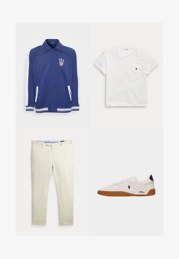 Marineblå jakke med hvide detaljer, knaplukning og sidelommer. Har et "USA" emblem med stjerner og striber, ribbede manchetter og kant.; Hvid t-shirt med korte ærmer og rund hals med en brystlomme, der har en lille mørk polo-spiller-logo.; Beige herrebukser med lige ben, bæltestropper og forlommer, lagt fladt på en hvid baggrund.; Hvid lav sneakers med brun gummisål, sort Polo Ralph Lauren-logo på siden og "RL" tekst på hælområdet.