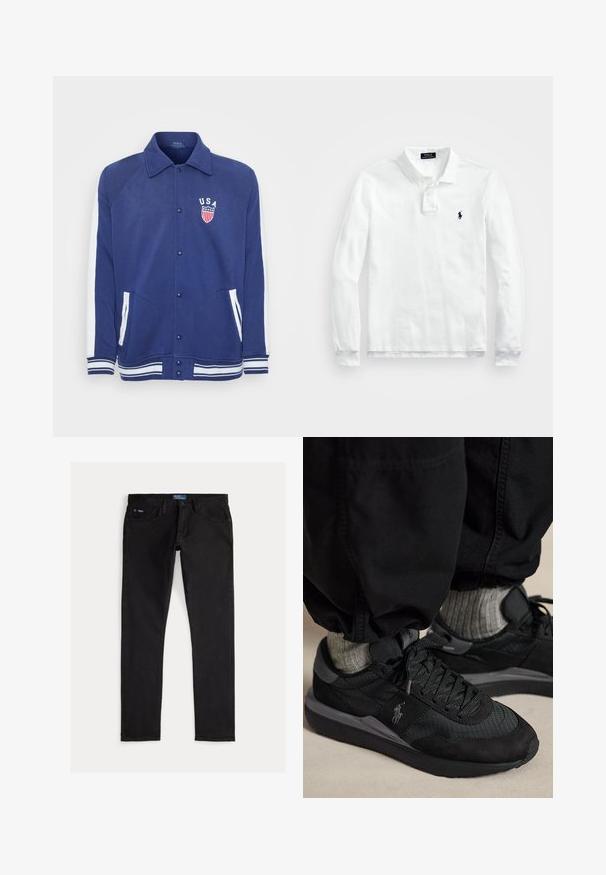 Marineblaue Jacke mit weißen Akzenten, Knopfverschluss und Seitentaschen. Verfügt über ein "USA"-Emblem mit Sternen und Streifen, gerippte Bündchen und Saum.; Weißes Langarm-Polohemd aus Baumwolle, mit klassischem Kragen, Knopfleiste mit drei Knöpfen und einem dunkelblauen Logo auf der linken Brust.; Schwarze Slim-Fit-Denimjeans mit fünf Taschen, Gürtelschlaufen und einem blauen Markentag am Bund. Glatter, strapazierfähiger Stoff.; Schwarze Sneakers mit Schnürsenkeln und grauem Logo, getragen mit grauen Socken und schwarzen Hosen auf einem beigen Boden.