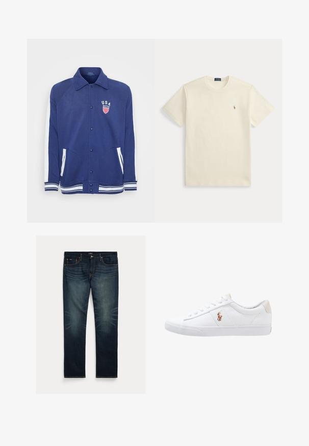 Marineblå jakke med hvide detaljer, knaplukning og sidelommer. Har et "USA" emblem med stjerner og striber, ribbede manchetter og kant.; Kremfarvet Polo Ralph Lauren t-shirt med korte ærmer, rund halsudskæring og lille broderet logo på venstre bryst.; Mørkeblå denimjeans med lige ben, subtil falmning nær knæene og orange syninger på lommer og sømme.; Hvide kanvas sneakers med lågtop design, prydet med en beige hælkappe og et lille broderet logo på siden. Gummisål.
