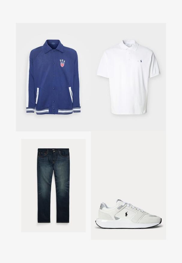 Marineblaue Jacke mit weißen Akzenten, Knopfverschluss und Seitentaschen. Verfügt über ein "USA"-Emblem mit Sternen und Streifen, gerippte Bündchen und Saum.; Weißes kurzärmeliges Poloshirt mit Kragen, drei Knöpfen und kleinem marineblau besticktem Logo auf der linken Brust.; Dunkelblaue Jeans aus Denim mit geradem Bein, dezentem Ausbleichen in Kniehöhe und orangen Ziernähten an Taschen und Nähten.; Weißer Sneaker in niedriger Ausführung mit Schnürverschluss, schwarzem Logo an der Seite, grauen Akzenten und dicker weißer Sohle mit schwarzer Laufsohle.