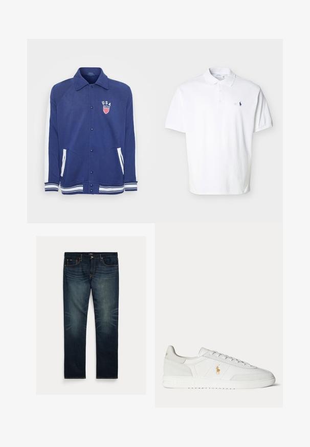 Marineblaue Jacke mit weißen Akzenten, Knopfverschluss und Seitentaschen. Verfügt über ein "USA"-Emblem mit Sternen und Streifen, gerippte Bündchen und Saum.; Weißes kurzärmeliges Poloshirt mit Kragen, drei Knöpfen und kleinem marineblau besticktem Logo auf der linken Brust.; Dunkelblaue Jeans aus Denim mit geradem Bein, dezentem Ausbleichen in Kniehöhe und orangen Ziernähten an Taschen und Nähten.; Weißer Sneaker in niedriger Ausführung mit Schnürdesign, goldenem Polo Ralph Lauren Logo an der Seite und strukturierter Sohle auf einfarbigem Hintergrund.