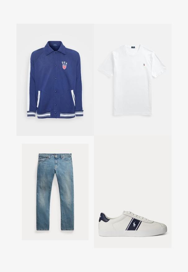 Marineblaue Jacke mit weißen Akzenten, Knopfverschluss und Seitentaschen. Verfügt über ein "USA"-Emblem mit Sternen und Streifen, gerippte Bündchen und Saum.; Weißes Baumwoll-T-Shirt mit Rundhalsausschnitt und kurzen Ärmeln, versehen mit einem kleinen, farbenfrohen Sticklogo auf der linken Brust. Glatte Textur, klassischer Schnitt.; Hellblaue Jeans aus Denim mit geradem Schnitt, Knopfverschluss, fünf Taschen, dezenten Verblassungen und kontrastierenden Nähten.; Weißer niedriger Sneaker mit dunkelblauem Streifen und Logo an der Seite sowie dunkelblauer Fersenschlaufe, flacher weißer Sohle und weißen Schnürsenkeln.
