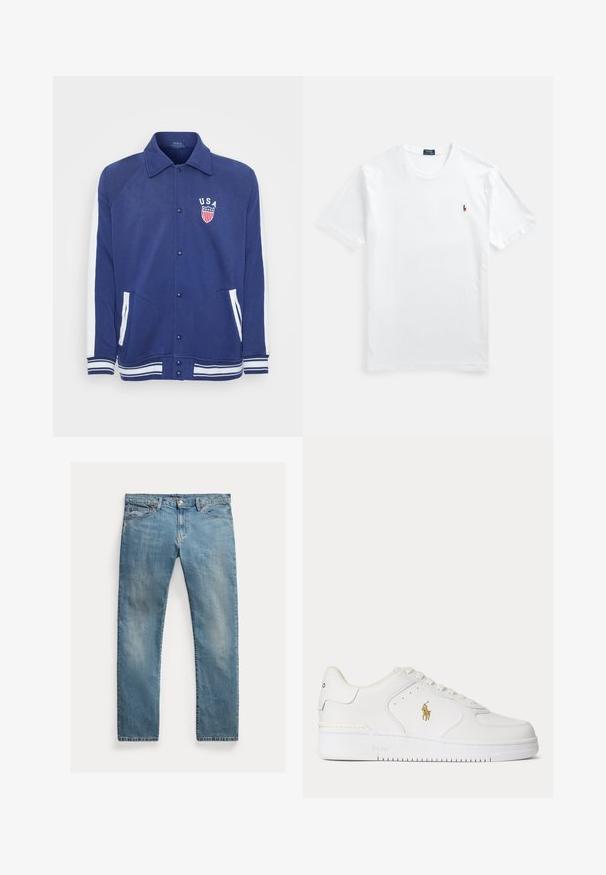 Marineblaue Jacke mit weißen Akzenten, Knopfverschluss und Seitentaschen. Verfügt über ein "USA"-Emblem mit Sternen und Streifen, gerippte Bündchen und Saum.; Weißes Baumwoll-T-Shirt mit Rundhalsausschnitt und kurzen Ärmeln, versehen mit einem kleinen, farbenfrohen Sticklogo auf der linken Brust. Glatte Textur, klassischer Schnitt.; Hellblaue Jeans aus Denim mit geradem Schnitt, Knopfverschluss, fünf Taschen, dezenten Verblassungen und kontrastierenden Nähten.; Weißer Leder-Sneaker mit niedrigem Schnitt, weißen Schnürsenkeln und einem goldfarbenen Polo Ralph Lauren-Logo an der Seite sowie "Polo" auf der Sohle geprägt.