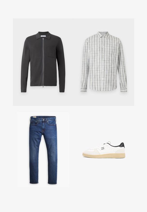 Samsøe Samsøe GUNA ZIP - Chaqueta de punto - black oyster; Camisa blanca de manga larga con patrón a cuadros fino en negro y gris y un bolsillo en el pecho izquierdo.; Jeans de mezclilla azul con corte recto, que cuentan con cinco bolsillos, un cierre de botón y cremallera, y costuras doradas en contraste.; Zapatilla deportiva de cuero blanco con talón negro, cierre de cordones, detalles perforados en la parte superior y suela de goma color canela. Presenta acentos con el logo.
