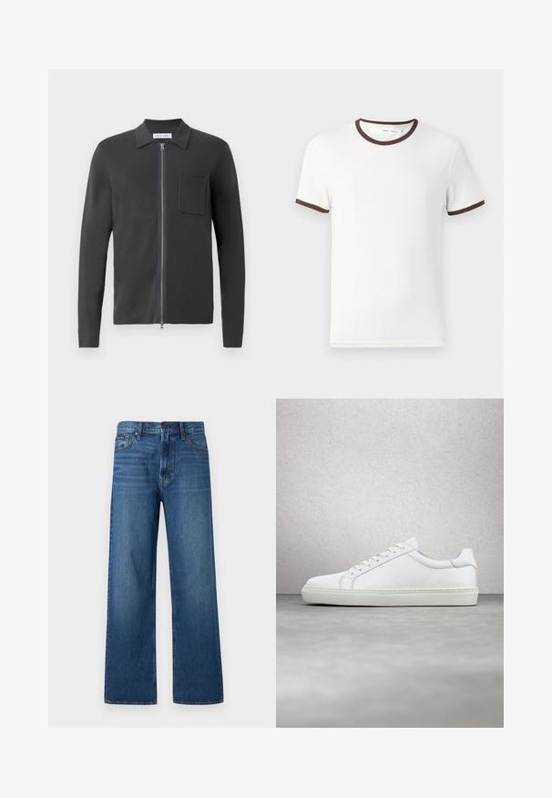 Samsøe Samsøe GUNA ZIP - Chaqueta de punto - black oyster; Camiseta blanca de manga corta con cuello y dobladillos de las mangas en color marrón, fabricada en suave material de algodón. Diseño simple y clásico.; Vaqueros azules de tiro alto y pierna recta con botón y cremallera delanteros, cinco bolsillos y un pequeño parche de marca en el bolsillo derecho.; Zapatilla blanca con parte superior de cuero liso y perfil bajo. Presenta una puntera redondeada, seis ojales y una suela de goma texturizada.
