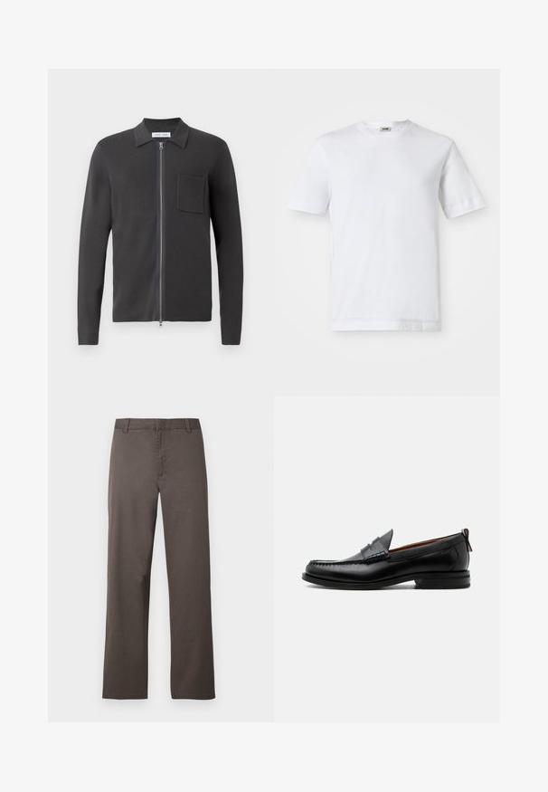 Samsøe Samsøe GUNA ZIP - Vest - black oyster; Witte katoenen t-shirt met korte mouwen, ronde hals en een soepele textuur. Geen patronen of accenten zichtbaar.; Bruine katoenen broek met een rechte pijp, voorzien van riemlussen en een gladde textuur. Geen zichtbare patronen of metalen details.; Zwarte leren herensloffen met moc toe stiksel, pennyriem, gestructureerde kraag en lage gestapelde hak op witte achtergrond.