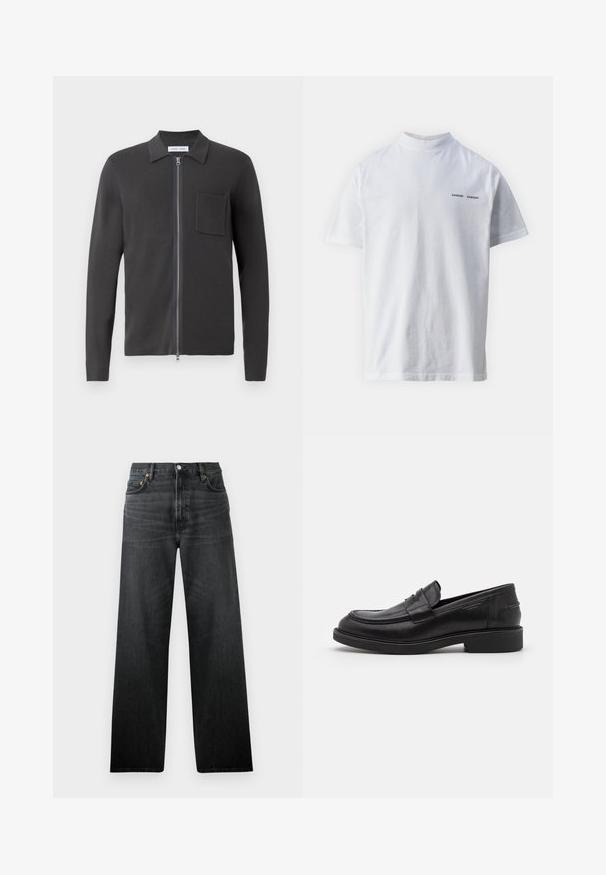 Samsøe Samsøe GUNA ZIP - Chaqueta de punto - black oyster; Camisa de algodón blanca con un cuello alto y mangas cortas. Presenta el logo "SAMSØE SAMSØE" en negro en la parte delantera. Textura suave.; Jeans de mezclilla negros con un diseño de pierna recta, que cuentan con cinco bolsillos y un cierre de botón. La tela tiene un ligero brillo y una textura visible.; Mocasines de cuero negro con puntera redondeada, costuras tonales y un detalle de tira en la parte frontal. Suela de goma con un tacón bajo.