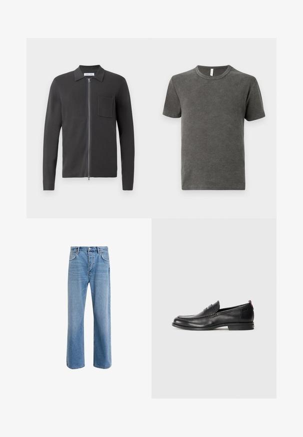 Samsøe Samsøe GUNA ZIP - Cardigan - black oyster; Grå T-shirt med rund hals i blødt stof, med korte ærmer og lige kant. Glat tekstur uden synlige mønstre eller detaljer.; Lyseblå denim jeans med lige ben-design, fem lommer, knaplukning, minimal falming og kontraststingdetaljer.; Sorte læderloafers med rund tå, stikninger og en lille rød detalje ved hælen. Lav profil gummisål.