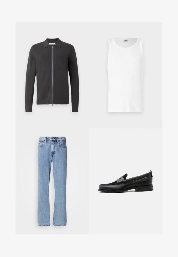 Samsøe Samsøe GUNA ZIP - Vest - black oyster; Witte katoenen mouwloze tanktop met een ronde halslijn en een gladde textuur. Eenvoudig ontwerp, geen patronen of accenten.; Lichtblauwe denim jeans met een recht ontwerp, vijf zakken en een knoopsluiting. Stikdetails nabij de zakken en de tailleband.; Zwarte leren loafer met grijs riemdetailelement, lage hak en gestructureerde zool, aan de zijkant gebrandmerkt met "HUGO" in goud.