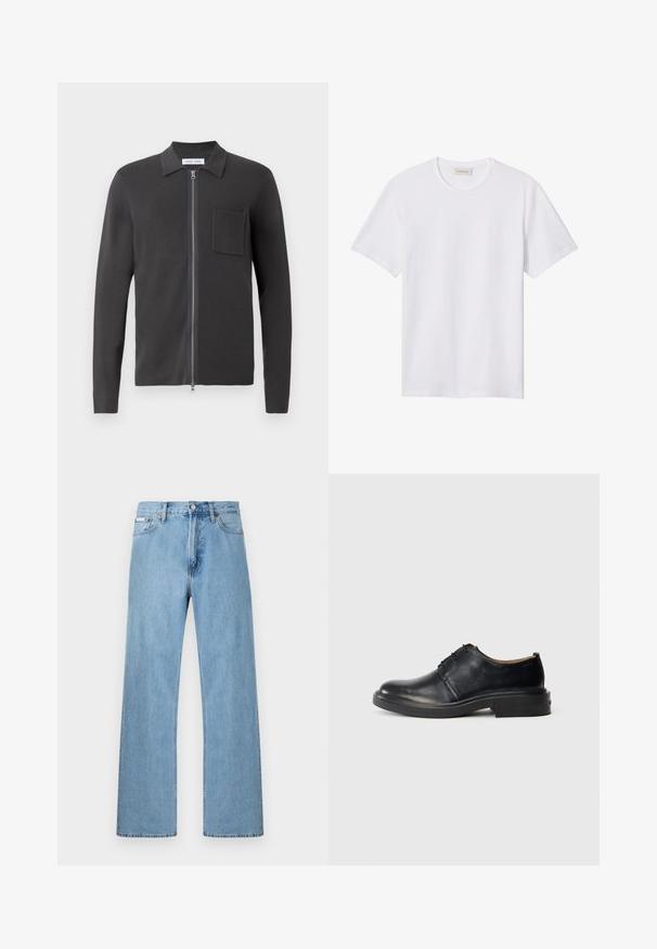 Samsøe Samsøe GUNA ZIP - Vest - black oyster; Effen wit T-shirt met korte mouwen en ronde hals, met een klein reliëflogo op de linkerborst en een merklabel binnenin de kraag.; Lichtblauwe denim jeans met rechte pijpen, ontworpen met vijf zakken en een knoopsluiting bij de taille, weergegeven tegen een effen achtergrond.; Zwarte leren oxford-schoen met ronde neus, vetersluiting aan de voorkant en een lage gestapelde hak op een effen lichte achtergrond.