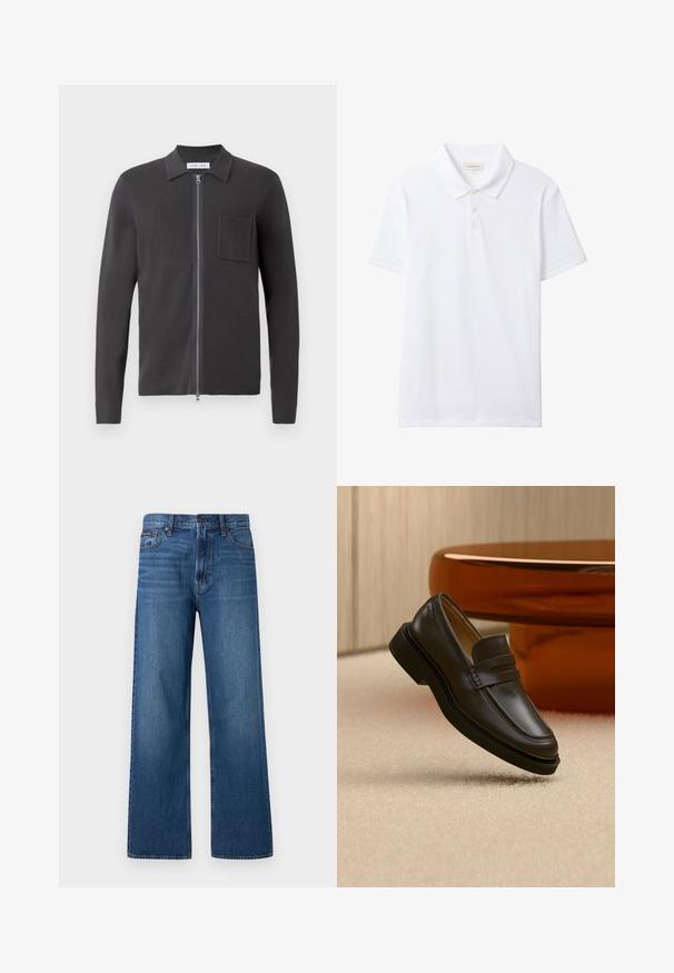 Samsøe Samsøe GUNA ZIP - Chaqueta de punto - black oyster; Polo blanco de manga corta con cuello y tapeta de tres botones, parte delantera lisa y una pequeña etiqueta de Calvin Klein Jeans dentro del cuello.; Vaqueros azules de tiro alto y pierna recta con botón y cremallera delanteros, cinco bolsillos y un pequeño parche de marca en el bolsillo derecho.; Zapato mocasín de cuero negro flotando sobre una alfombra beige con muebles marrones redondeados al fondo.