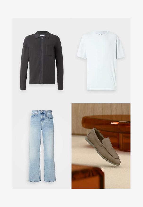 Samsøe Samsøe GUNA ZIP - Cardigan - black oyster; Lyseblå bomuld t-shirt med rund hals, korte ærmer og minimalistisk broderet logo på brystet. Glat tekstur, enkelt design.; Lysblå vide jeans med høj talje, der har en falmet finish, bæltestropper og klassisk fem-lomme design. Kantene er rå.; Beige ruskind slip-on loafer med synlige syninger og lys sål, placeret over cremefarvet tæppe med orange gennemsigtigt møbel i baggrunden.