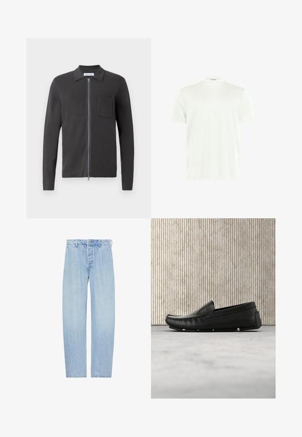 Samsøe Samsøe GUNA ZIP - Chaqueta de punto - black oyster; Camiseta blanca de cuello redondo hecha de tela suave. Mangas cortas, sin estampados. Diseño simple con dobladillo recto y detalles mínimos.; Vaqueros rectos de talle alto en azul claro con cierre de botón y cremallera, trabillas para cinturón y bolsillos laterales, mostrados planos sobre fondo blanco.; Zapato mocasín de cuero negro flotando sobre un suelo alfombrado beige junto a una mesa de cristal redondeada de color ámbar.