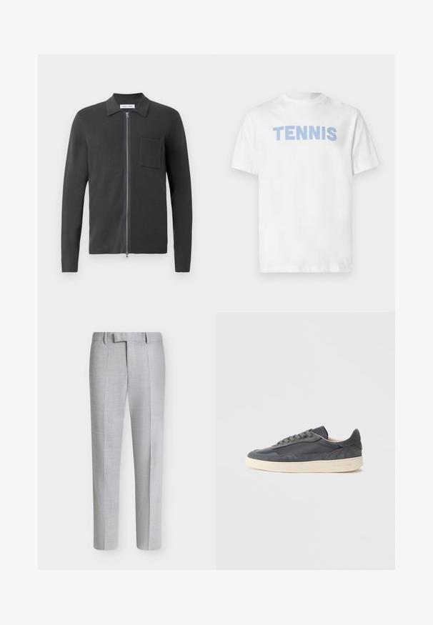 Samsøe Samsøe GUNA ZIP - Kardigán - black oyster; Biele bavlnené tričko s krátkymi rukávmi, na hrudi má slovo "TENNIS" v svetlomodrých blokových písmenách.; Svetlošedé pánske spoločenské nohavice s úzkym strihom, prednými záhybmi, pútkami na opasok a skrytým predným zapínaním.; Tmavomodré tenisky z kože a semišu s nízkym strihom, s krémovo sfarbenou gumovou podrážkou a plochými šnúrkami.