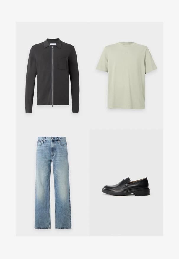 Samsøe Samsøe GUNA ZIP - Vest - black oyster; Lichtgroene katoenen t-shirt met een ronde hals, korte mouwen en een klein Calvin Klein-logo in een donkerdere tint gedrukt op de borst.; Lichtblauwe denim jeans met rechte pijpen, een hoge taille, vijf zakken, knoopsluiting en subtiele vervaging op de dijen en knieën.; Zwarte leren instap schoenen met een lage hak en subtiel Calvin Klein-logo aan de zijkant, weergegeven in profiel op een witte achtergrond.