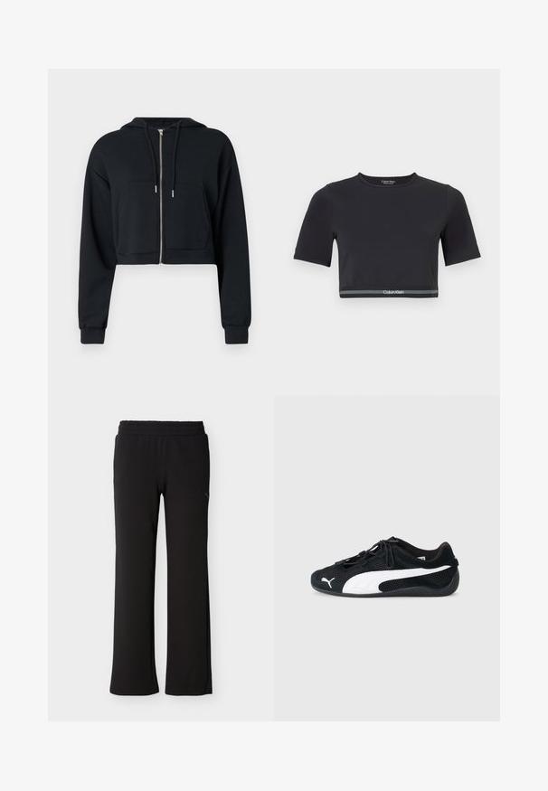 Sweat à capuche noir court en tissu doux, avec une fermeture éclair, des poches avant et des cordons sur la capuche. Manches longues avec poignets ajustés.; T-shirt noir court à manches courtes, en tissu lisse. Comprend une bande grise à l'ourlet avec le logo "Calvin Klein" en blanc.; Pantalon droit taille élastique noir avec un logo discret sur la partie haute de la cuisse, présenté de face sur un fond uni.; Chaussures de sport noires en matériau mesh et suède, avec un logo Puma blanc, des lacets élastiques et une semelle en caoutchouc texturée.