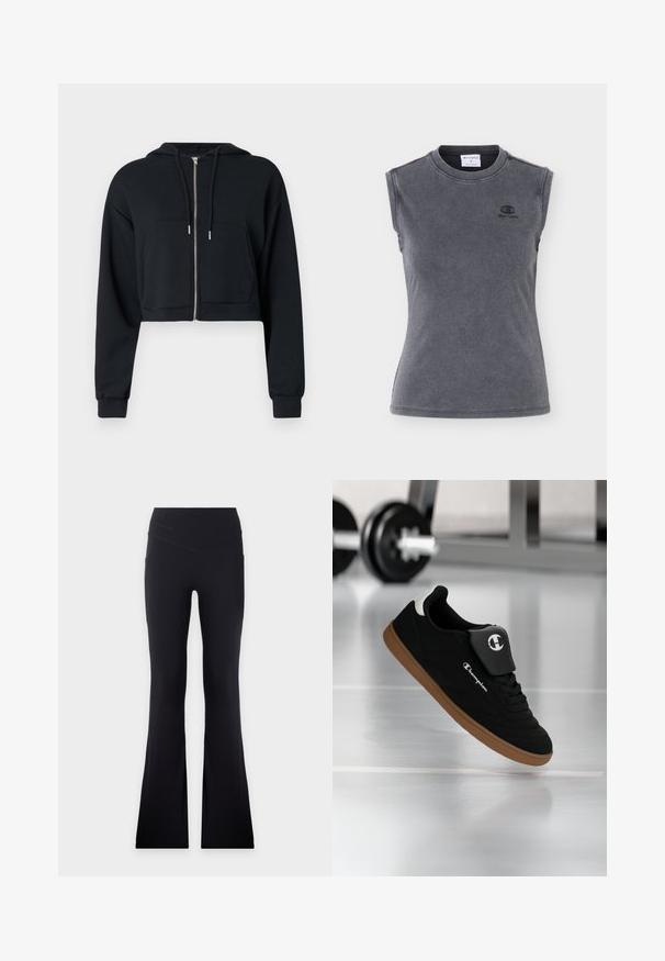 Sweat à capuche noir court en tissu doux, avec une fermeture éclair, des poches avant et des cordons sur la capuche. Manches longues avec poignets ajustés.; Débardeur sans manches gris foncé côtelé avec encolure ronde et petit logo Champion noir sur le côté gauche de la poitrine.; Pantalon noir taille haute avec une légère évasement en bas, avec un détail de couture en forme de V à la taille.; Baskets Champion noires et marron suspendues en l'air dans une salle de sport avec un haltère flou en arrière-plan.