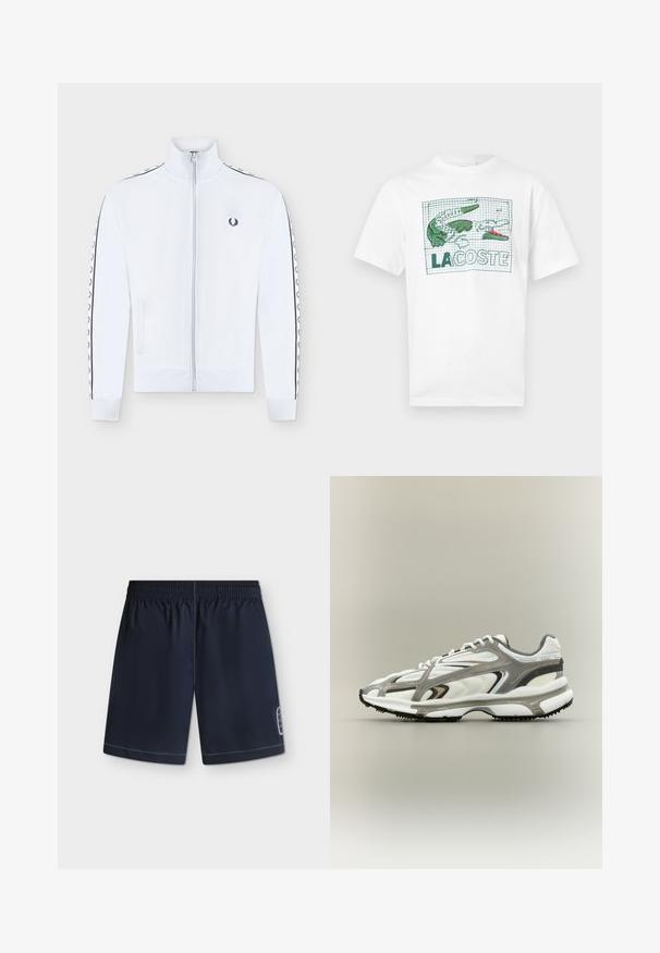 Veste de survêtement blanche à fermeture éclair avec col haut, manches longues avec bandes noires à logo laurier, poches latérales et petit logo noir brodé sur la poitrine.; T-shirt blanc à manches courtes avec un crocodile brodé en vert et rose et le texte "LACOSTE" sur un fond à motif quadrillé à l'avant.; Short de bain bleu marine avec taille élastique et logo blanc cousu sur le côté inférieur sur fond clair.; Chaussure de sport avec une tige en mesh blanc, des accents gris, une semelle en caoutchouc noire et un design épuré. Elle présente des lacets et des détails texturés.