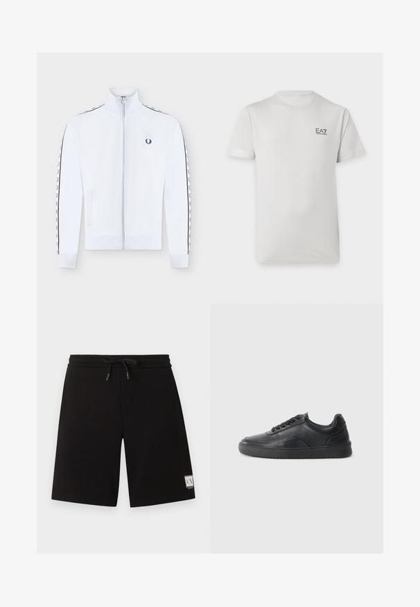 Veste de survêtement blanche à fermeture éclair avec col haut, manches longues avec bandes noires à logo laurier, poches latérales et petit logo noir brodé sur la poitrine.; T-shirt blanc manches courtes col rond avec petit logo noir EA7 Emporio Armani sur le côté gauche de la poitrine.; Shorts noirs mi-mollet avec taille ajustable à cordon et un petit patch logo blanc Armani Exchange sur la partie inférieure gauche de la jambe.; Chaussure de sport en cuir noir avec une finition lisse, bout arrondi, panneau latéral texturé et lacets noirs. Présente une semelle en caoutchouc plate et un design minimaliste.