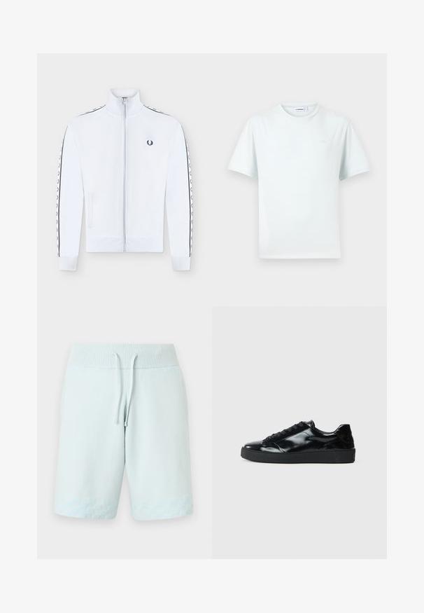 Veste de survêtement blanche à fermeture éclair avec col haut, manches longues avec bandes noires à logo laurier, poches latérales et petit logo noir brodé sur la poitrine.; T-shirt blanc uni à manches courtes avec col rond, orné d'un logo discret sur la poitrine et d'une étiquette de marque visible à l'intérieur du col.; Shorts en tricot bleu clair avec taille côtelée, cordon réglable et motif damier subtil près de l'ourlet.; Baskets en cuir verni noir avec un bout arrondi, un laçage, une semelle en caoutchouc texturé et une finition lisse.