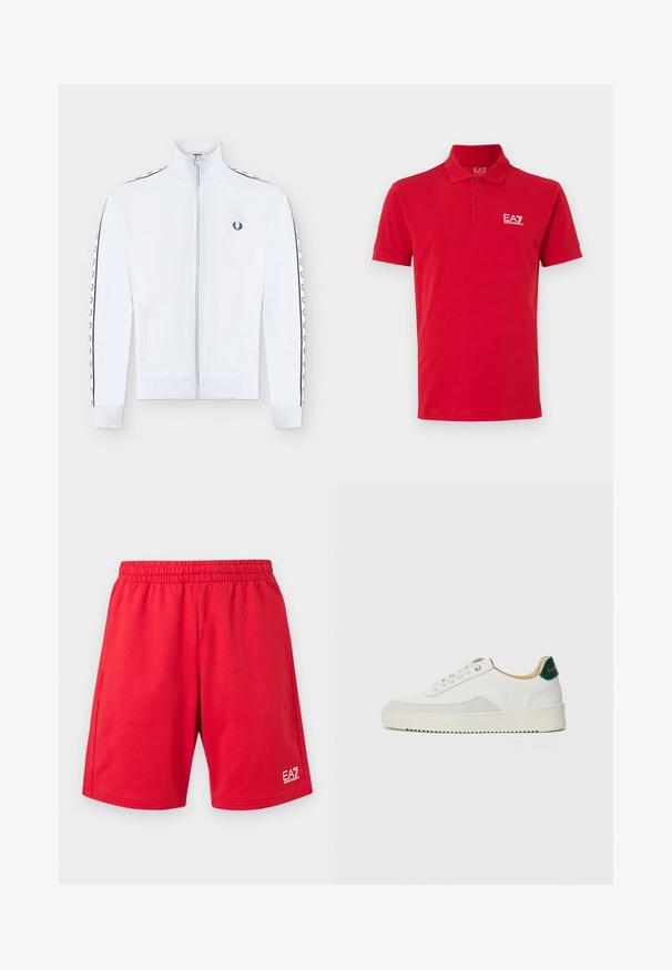 Veste de survêtement blanche à fermeture éclair avec col haut, manches longues avec bandes noires à logo laurier, poches latérales et petit logo noir brodé sur la poitrine.; Polo rouge en coton, doté d'une patte à deux boutons et d'un logo blanc brodé sur la poitrine gauche. Manches courtes et design uni.; Shorts de sport rouges avec taille élastique et logo blanc EA7 Emporio Armani sur la partie inférieure de la jambe gauche, présentés sur un fond clair uni.; Baskets blanches avec des accents en daim, bout arrondi, lacets plats et semelle en caoutchouc crème. Présente une marque verte sur le talon.