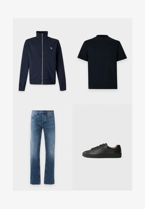 Veste bleu marine zippée avec un col montant et un petit logo zèbre multicolore sur la poitrine gauche.; T-shirt à manches courtes en noir uni avec un col montant. Fabriqué en tissu lisse, il présente un design minimaliste et un branding discret sur la poitrine.; Jean en denim bleu avec une coupe droite, délavé, cinq poches et coutures contrastées. Fermeture à bouton et zip à la taille.; Baskets basses en cuir noir avec surface texturée, lacets noirs et semelle en caoutchouc épaisse, présentées de côté sur un fond clair.