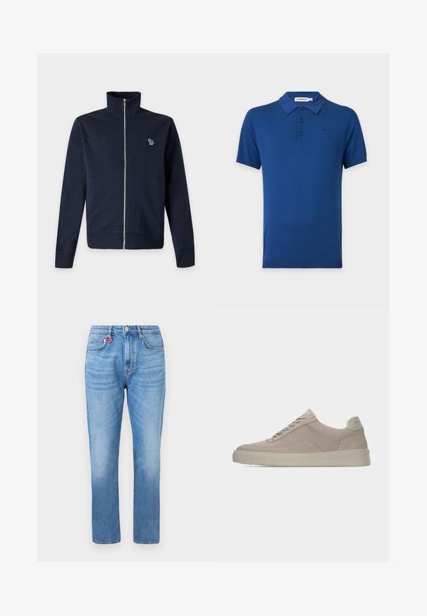 Veste bleu marine zippée avec un col montant et un petit logo zèbre multicolore sur la poitrine gauche.; Polo bleu à manches courtes avec trois boutons et un col, présenté sur un fond gris clair.; Jean droit bleu clair à taille haute, avec poches avant, fermeture à boutons, et un petit anneau rouge sur la boucle de ceinture avant droite.; Baskets en daim beige avec une finition texturée, un bout arrondi et des lacets ton sur ton. Elles présentent une semelle en caoutchouc épaisse et un branding discret sur le talon.