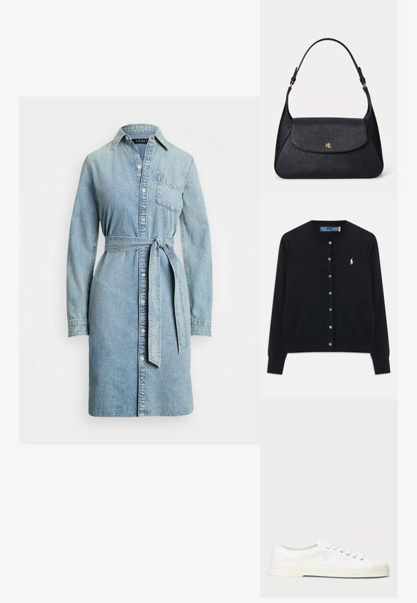 Sort knap-front cardigan med lange ærmer, rund halsudskæring og hvidt Polo Ralph Lauren-logo broderet på venstre bryst.; Lyseblå denimkjole med lange ærmer, knaplukning foran, krave, brystlomme og en bundet taljebælte for en tætsiddende pasform.; Hvide lærredssneakers med rund tå, snørelukning og diskret logo-detalje. Har en tekstureret overflade og gummisål.; Sort tekstureret læder skuldertaske med en buet klap og guld "RL" logo foran, med en justerbar rem med guldfarvet hardware.