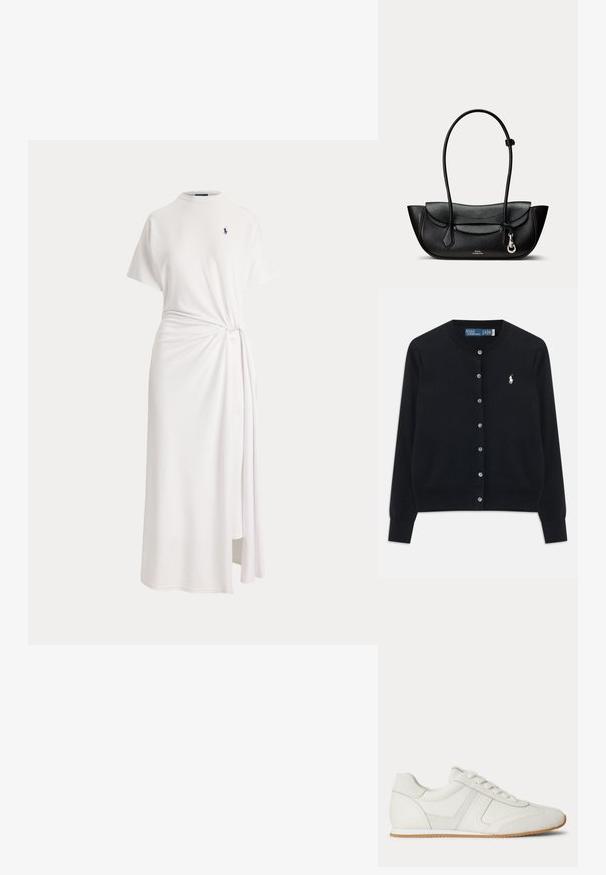 Čierny cardigan s gombíkmi, dlhými rukávmi, okrúhlym výstrihom a vyšitým bielym logom Polo Ralph Lauren na ľavej hrudi.; Biele midi šaty s krátkymi rukávmi, vysokým golierom, detailom so stranovým uzlom a malým tmavým logom na hrudi.; Biela nízka teniska so šnurovaním vpredu, zsemišovými a koženými panelmi a svetlohnedou gumovou podrážkou na bielom pozadí.; Čierna kožená taška cez rameno so zaoblenou klopou, dlhým tenkým popruhom, bočnými krídlami, malou striebornou sponou a logom Polo Ralph Lauren na prednej strane.
