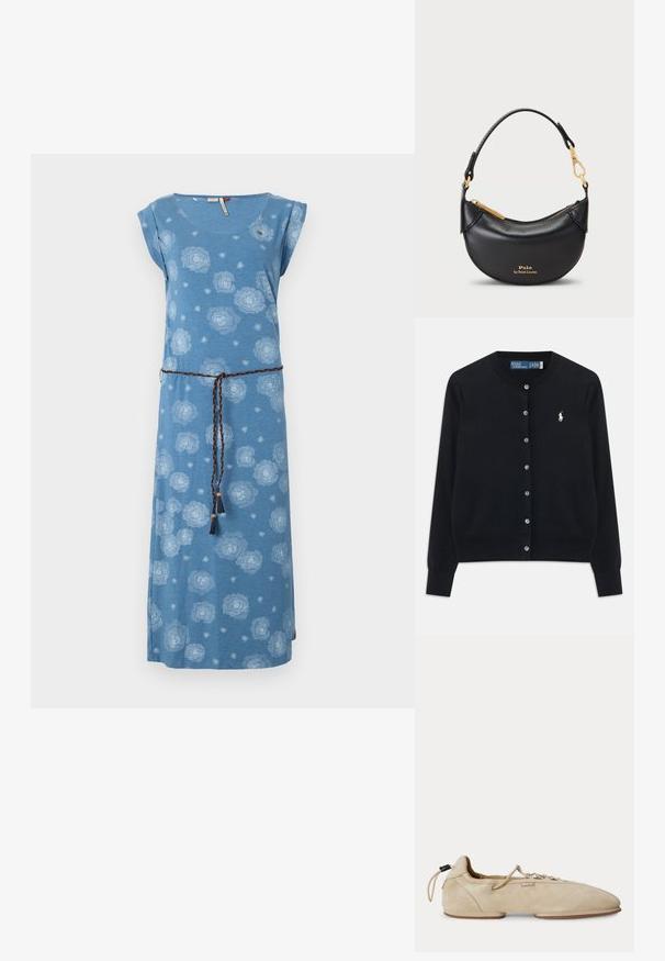 Musta napillinen villapaita, jossa on pitkät hihat, pyöreä pääntie ja valkoinen Polo Ralph Lauren -logo brodeerattuna vasempaan rintaan.; Sininen kukkakuosis maxi-mekko pehmeästä materiaalista. Varustettu hihattomilla hihoilla, pyöreällä kaula-aukolla ja punotulla vyöllä, jossa on tupsut. Valkoinen kukkakuosi kauttaaltaan.; Beigenvärinen mokkanahkainen matala kenkä, jossa nauhat edessä, pyöreä kärki, matala korko ja Polo-merkkinen lappu sivulla.; Mustat nahkalaukut, jossa on kaareva siluetti, metallivetoketju ja lyhyt kahva. Varustettu kullatulla varusteella ja kohokuvioidulla logolla edessä.
