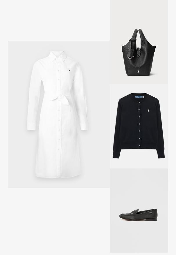 Čierny cardigan s gombíkmi, dlhými rukávmi, okrúhlym výstrihom a vyšitým bielym logom Polo Ralph Lauren na ľavej hrudi.; Dlhé biele košeľové šaty s dlhými rukávmi, golierom, opaskom v páse a malým tmavým logom na ľavej strane hrude.; Čierna kožená mokasína s textúrovaným povrchom, detailom na uchytenie mincí, úzkym profilom, jemným logom na boku a nízkym, plochým podpätkom.; Čierna kožená vedierková taška s textúrovaným povrchom, so krátkymi držadlami, odnímateľným popruhom a strieborným logom na spodnej časti.