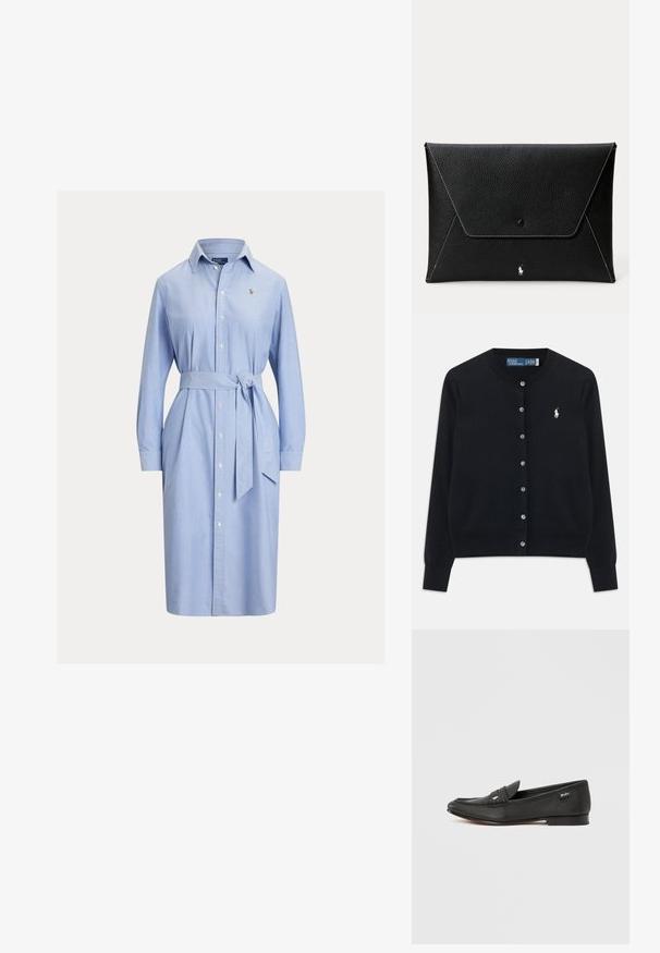 Musta napillinen villapaita, jossa on pitkät hihat, pyöreä pääntie ja valkoinen Polo Ralph Lauren -logo brodeerattuna vasempaan rintaan.; Vaaleansininen, pitkähihainen paitamekko, jossa edessä napit, vyönauha ja pieni kirjailtu logo rinnassa.; Musta nahkainen loafer-polka, jossa on teksturoitu pinta, penny keeper -yksityiskohta, virtaviivainen muoto, hillitty brändäys sivussa ja matala, tasainen korko.; Mustaa nahkaa oleva kirjekuorimallinen kytkintasku, jossa valkoiset saumat, nappikiinnitys ja pieni valkoinen hevosen logo lähellä pohjaa keskellä.