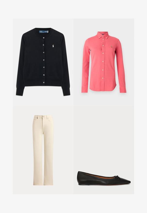 Čierny cardigan s gombíkmi, dlhými rukávmi, okrúhlym výstrihom a vyšitým bielym logom Polo Ralph Lauren na ľavej hrudi.; Korálovo ružová košeľa s dlhým rukávom na zapínanie na gombíky, so zapínaným golierom a malým vyšívaným logom koňa na ľavej strane hrudníka.; Kravské rovné rifle svetlo krémovej farby s predným zapínaním na gombíky a piatimi vreckami na jednoduchom pozadí.; Čierne kožené balerínky s špicatou špičkou, štíhlym strihom a malou mašľou na prednej strane. Hladká textura a minimalistický dizajn.