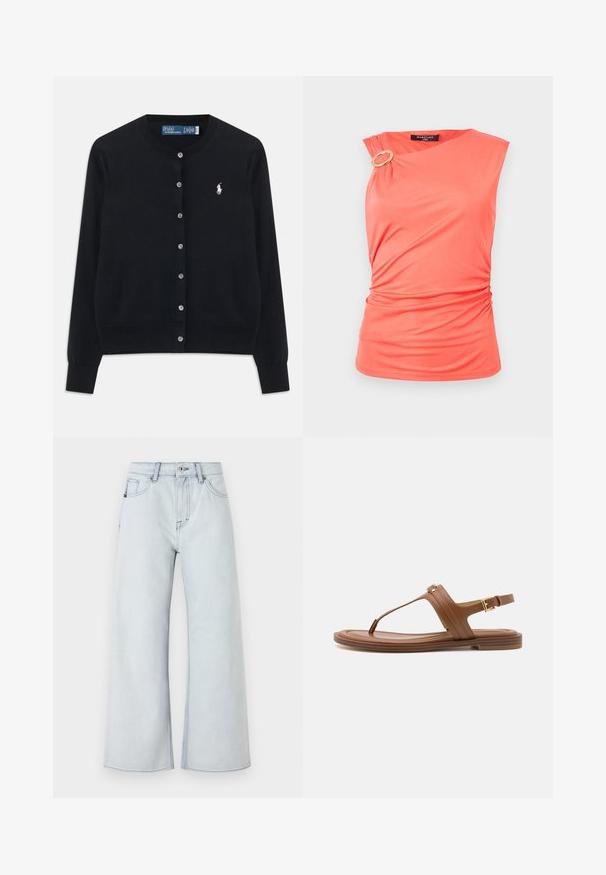 Musta napillinen villapaita, jossa on pitkät hihat, pyöreä pääntie ja valkoinen Polo Ralph Lauren -logo brodeerattuna vasempaan rintaan.; Korallinvärinen hihaton paita epäsymmetrisellä pääntiellä, sivukiristys ja kultainen pyöreä solkikoriste vasemmalla olkapäällä.; Vaaleansiniset farkut, joissa on leveä lahje, valmistettu denimestä. Ominaisuuksiin kuuluu viisi taskua, vyölenkit ja nappisuljenta.; Ruske kožne sandale s thong dizajnom, ravnim đonom i podesivim remenom oko gležnja koji ima zlatni detalj.