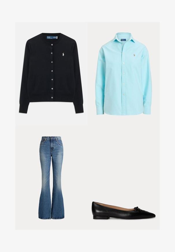 Gilet noir à boutons avec manches longues, col rond, et logo Polo Ralph Lauren brodé en blanc sur la poitrine gauche.; Chemise bleu clair à manches longues avec boutons, col et petit logo brodé sur le côté gauche de la poitrine.; Jean en denim bleu taille haute avec jambes évasées et légère décoloration sur la partie avant des cuisses, présenté sur fond blanc.; Chaussure plate en cuir noir avec bout pointu et petit nœud décoratif sur le dessus, talon bas et doublure intérieure beige.