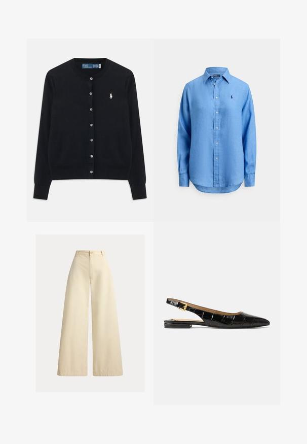 Musta napillinen villapaita, jossa on pitkät hihat, pyöreä pääntie ja valkoinen Polo Ralph Lauren -logo brodeerattuna vasempaan rintaan.; Vaaleansininen, pehmeästä kankaasta valmistettu nappipaita, jossa on terävä kaulus, pitkät hihat ja pieni rintalogo.; Beiget, leveälahkeiset, puuvillaiset housut, joissa on korkea vyötärö, etukappaleen nappikiinnitys ja siistit tikit reunoilla.; Mustat patenttinahkaiset slingback-lflatit, joissa on terävä kärki, teksturoitu, tikattu kuviointi ja pieni suorakaiteen muotoinen korko. Kultainen solki koristeena.