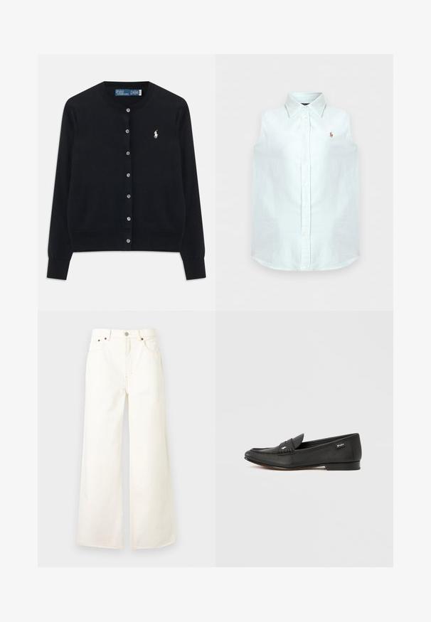 Čierny cardigan s gombíkmi, dlhými rukávmi, okrúhlym výstrihom a vyšitým bielym logom Polo Ralph Lauren na ľavej hrudi.; Biely bezrukávový košeľový top s golierom a malým hnedým vyšívaným logom na ľavej strane hrudníka.; Biele široké džínsy s vysokým pásom, predným zapínaním na gombíky a zips, s piatimi vreckami a detailmi z medených nitov.; Čierna kožená mokasína s textúrovaným povrchom, detailom na uchytenie mincí, úzkym profilom, jemným logom na boku a nízkym, plochým podpätkom.