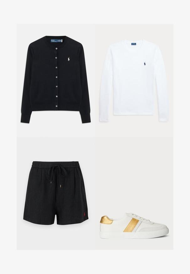 Sort knap-front cardigan med lange ærmer, rund halsudskæring og hvidt Polo Ralph Lauren-logo broderet på venstre bryst.; Hvid langærmet Polo Ralph Lauren skjorte med rund hals og lille mørkeblå polo-spiller logo på venstre bryst.; Sorte afslappede shorts med elastisk talje og snøre, med et lille rødt broderet logo på nederste venstre side.; Hvide sneakers lavet af syntetisk materiale, med et metallisk guldbånd og hælaccent, samt en tekstureret gummisål.