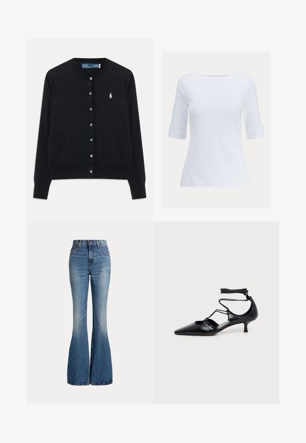 Čierny cardigan s gombíkmi, dlhými rukávmi, okrúhlym výstrihom a vyšitým bielym logom Polo Ralph Lauren na ľavej hrudi.; Biela priliehavá košeľa s krátkym rukávom, výstrihom do lode a preloženými manžetami na jednofarebnom pozadí.; Modré rifle s vysokým pásom s rozšírenými nohavicami a miernym vyblednutím v prednej oblasti stehna, zobrazené na bielom pozadí.; Čierna lodička na nízkom podpätku kitten heel so šnúrkami okolo členka a výrezmi na stranách, zobrazená na jednoduchom svetlom pozadí.
