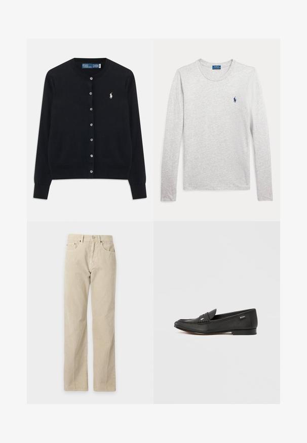Must sõlgaga must kardigan pikade varrukatega, ümar kaelus ja valge Polo Ralph Laureni logo tikitud vasakule rinda.; Helehall pikkade varrukatega ümarakaelusega särk väikese tumesinise Polo Ralph Laureni logoga vasakul rinnal.; Beežid sirge lõikega sametpüksid esitaskute, vööaasade ja nööbiga kinnitusega, kuvatud lihtsal taustal.; Mustast nahast loafer tekstuurse viimistlusega, penny detaili hoidja, õhuke profiil, peen logo küljel ja madal, lame konts.