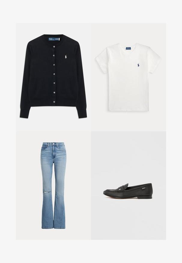 Zwarte knopen-up cardigan met lange mouwen, ronde hals en een witte Polo Ralph Lauren-logo geborduurd op de linkerborst.; Effen wit T-shirt met korte mouwen met een klein donkerblauw Polo Ralph Lauren-logo op de linkerborst en een blauw merklabel binnen in de kraag.; Lichtblauwe high-waist flared jeans met voorzakken, knoop- en ritssluiting en een kleine scheur op de linkerknie.; Zwarte leren loafer met gestructureerde afwerking, penny-keeper detail, slank profiel, subtiele branding aan de zijkant en lage, platte hak.
