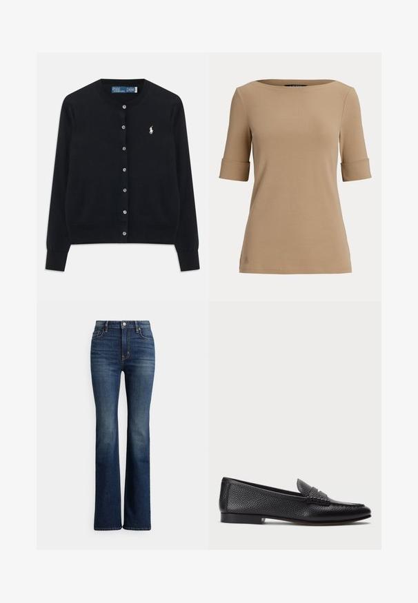 Sort knap-front cardigan med lange ærmer, rund halsudskæring og hvidt Polo Ralph Lauren-logo broderet på venstre bryst.; Beige kortærmet top med opsmøgede ærmekanter og en bred, rund halsudskæring vist på en ensfarvet lys baggrund.; Mørkeblå højhælede bootcut-jeans med høj talje, forreste knap og lommer, let falmede områder på lår og knæ, vist på hvid baggrund.; Sorte læder loafers med struktureret finish, der har en dekorativ rem og flad hæl. Slank, minimalistisk design med rund tå.