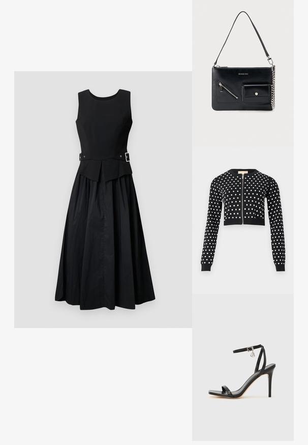 Cardigan court noir à pois blancs, manches longues, poignets et ourlet côtelés, avec une fermeture éclair argentée à l'avant.; Robe noire avec un corsage ajusté, design sans manches et jupe évasée. Présente des bretelles latérales avec des boucles en argent et un détail peplum.; Sandale à talon haut noire avec une bride étroite à la cheville, bout carré, cuir lisse et accent de boucle métallique.; Sac à bandoulière en cuir noir Michael Kors avec fermeture éclair supérieure, poche avant zippée en diagonale, poche à rabat avec bouton-pression et détail en chaîne argentée.