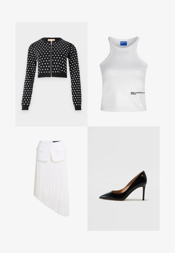 Cardigan court noir à pois blancs, manches longues, poignets et ourlet côtelés, avec une fermeture éclair argentée à l'avant.; Débardeur blanc sans manches avec col montant et logo "Karl Lagerfeld Jeans" en bas à droite devant.; Jupe plissée blanche avec un ourlet asymétrique, dotée d'une taille structurée, de deux poches avant et d'une texture de tissu lisse.; Escarpin à talons aiguilles en cuir verni noir, avec une pointe fine et un petit logo décoratif en or près du talon.