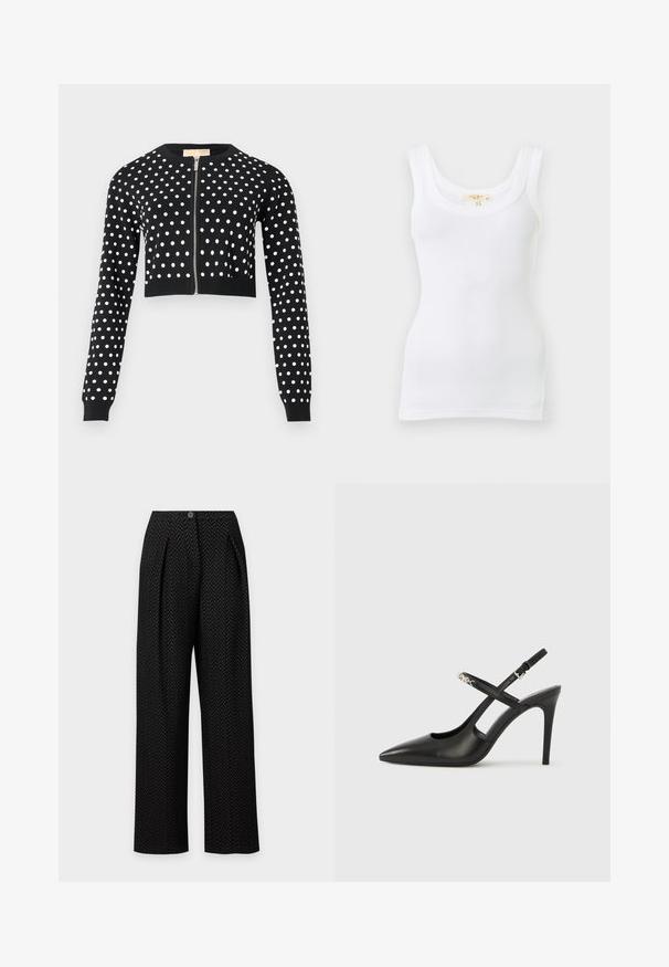 Cardigan court noir à pois blancs, manches longues, poignets et ourlet côtelés, avec une fermeture éclair argentée à l'avant.; Débardeur blanc côtelé sans manches avec encolure dégagée, présenté à plat sur un fond clair.; Pantalon noir à jambes larges avec un motif chevron subtil, plis sur le devant, poches latérales et une fermeture par un seul bouton à la taille.; Escarpins slingback en cuir noir avec bout pointu, design ajouré et bride ajustable ornée de ferrures métalliques.
